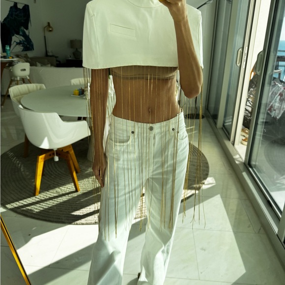 Pants - Aleksandre Akhalkatsishvili Stylish White and Gold chains cape